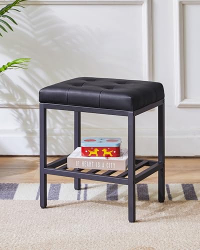 IBUYKE Rectangular Makeup Stool, PU Seat Vanity Chair, Black WBD017B | Adjustable Feet Storage Space Footrest Multi-Use Small Side Table Ottoman Bedroom - color: Black, size: Rectangular