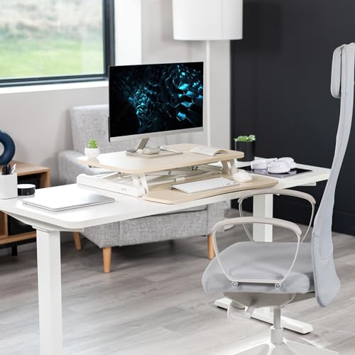 VIVO 26 inch Desk Converter, K Series, Height Adjustable Sit to Stand Riser, Dual Monitor and Laptop Workstation with Keyboard Tray, Light Wood Top, White Frame, DESK-V026KF | Height Adjustable, Stand Up Desk Riser, Wide Keyboard Tray, Dual Monitor and La
