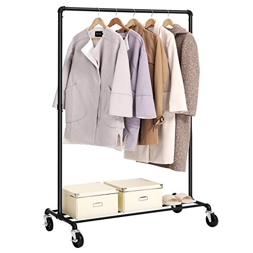 SONGMICS Heavy-Duty Clothes Rack, Clothing Rack for Hanging Clothes, Industrial Garment Rack on Wheels, Metal Frame, 2 Casters with Brakes, Commercial Display, Black UHSR61BK | Industrial Garment Rack for Hanging Clothes, 2 Casters with Brakes, Commercial