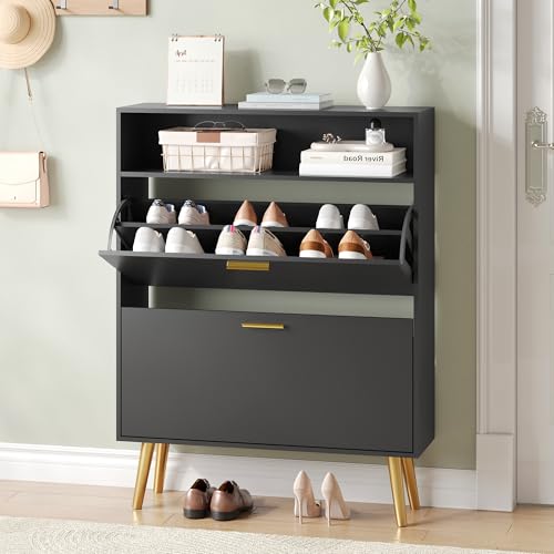 Shoe Cabinet with 2 Flip Drawers, Open Storage Top & Gold Metal Legs, Black丨Hidden Shoe Organizer, Freestanding Narrow Shoe Storage Rack for Entryway, Hallway, Entrance - color: 1pc-black, size: 2 Flip Drawers With Shelf