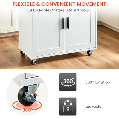 Kitchen Island with Storage, Rolling Kitchen Island on Wheels with Scalable,Open Spice Rack Shelf, Door Cabinet，Kitchen Cart Island Table for Kitchen, White