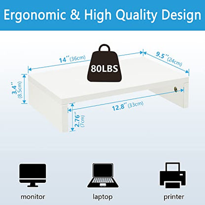 TEAMIX White Monitor Stand Riser for Desk, Small Computer/Laptop Stand Wood | 14.2"L x 9.5"W, Holds 80 lbs, Desktop Organizer Shelf, Ergonomic Morden Design, Easy Assembly, For Home Office, Gaming