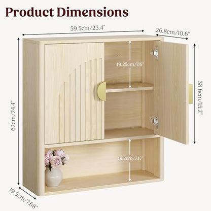Bathroom Wall Cabinet, Fluted Medicine Cabinet, Natural | Adjustable Wood Shelf, Over The Toilet Storage Cabinet for Laundry Room, Living Room, Rounded Metal Handle, 2 Doors