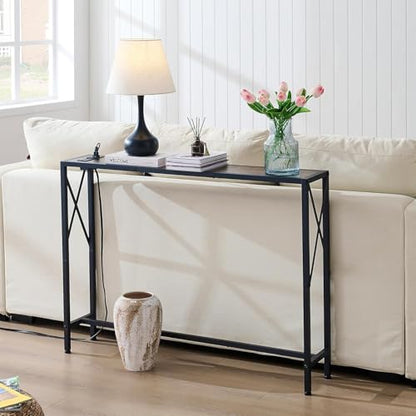 Gewudraw Narrow Console Table with Socket, Sofa Table Behind Couch, Brown | 41.8" Couch Table, Industrial Style, Long Skinny Design,For Hallway,Living Room,Bedroom, Built-In Outlets & USB,140cm Length - color: Rustic Brown, size: 41.7 in