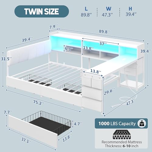 BYSAUD Corner Bed with Storage and Desk, Twin Bed Frame, Corner Bed Frame with 4 Drawers, 7 Bookcase, 1 Side Storage Bag, Upholstered Headboard, LED Lights, Charging Station, White - color: White, size: Twin Corner Bed