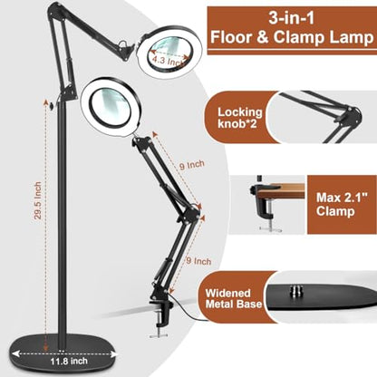 LANCOSC 15X Magnifying Glass with Light and Stand, Real Glass Lens, 5 Color Modes Dimmable, 3-in-1 Adjustable Swing Floor Lamp, LED Lighted Hands Free Magnifier & Clamp for Reading, Crafts, Painting - color: Black