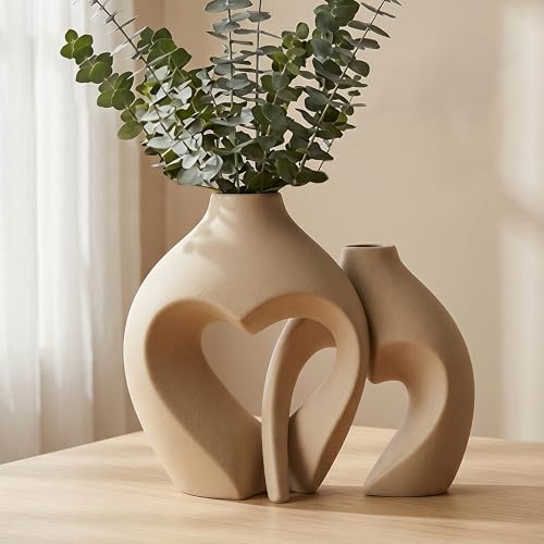 Ceramic Flower Vases Home Decor Heart Shaped Vase Set of 2 | Nordic Heart Shaped Vases Minimalist Decorative Vase for Table Centerpiece Wedding Dining Living Room Office House Decoration - color: Brown