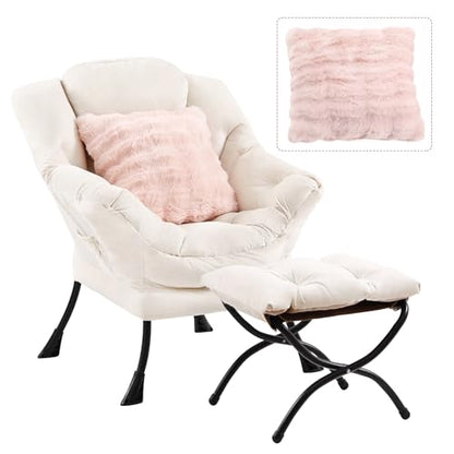Lazy Chair with Ottoman, Comfy Reading Chair for Bedroom, Beige | Comfy Bedroom Accent Chair with Washable Removable Cover and extra throw pillow for Living Room Dorm - color: Velvet Beige