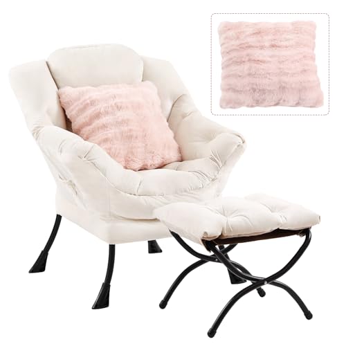 Lazy Chair with Ottoman, Comfy Reading Chair for Bedroom, Beige | Comfy Bedroom Accent Chair with Washable Removable Cover and extra throw pillow for Living Room Dorm - color: Velvet Beige