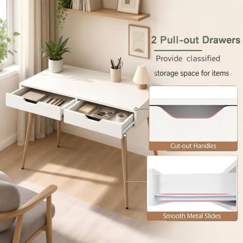 GIANTEX Mid-Century Desk with 2 Drawers, 42.5" Writing Study Desk with Tapered Legs, Home Office Computer Workstation PC Laptop Desk, Modern Makeup Vanity Table for Bedroom (White & Natural)