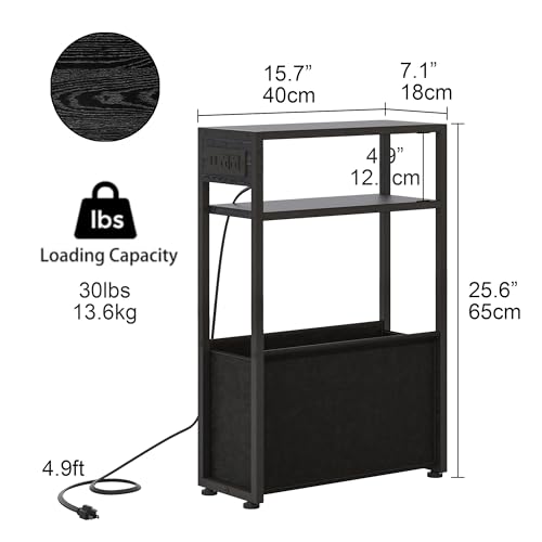 Leomonio Black Side Table with Charging Station, Slim End Tables with Fabric Basket, Skinny Table for Small Spaces, Thin Bedside Table for Living Room, Bedroom - color: Black - Outlet