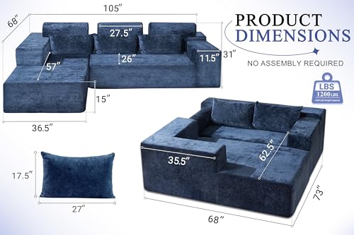 105" L-Shape Modular Sectional Sofa Couch for Living Room,No Assembly Required,Modular Comfy Sofa with Deep Seat for Living Room Bedroom,Luxury Distressed Velvet(Left,Blue) - color: Velvet Blue, size: 105"Left Facing