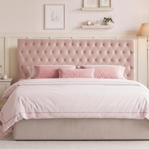 Upholstered Queen Headboard Only, Premium Velvet Button Tufted Headboards, Adjustable Solid Wood Head Board, Padded Headboard with Solid Wood Legs in Bedroom (Pink) - color: Pink, size: High Queen