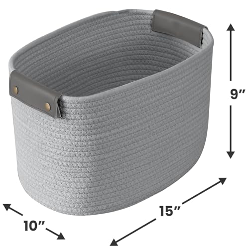 3 Pack Woven Cotton Rope Storage Basket, 15x10x9, Gray | Faux Leather Handles; Decorative Closet Shelf Organizer; Ideal for Storage & Organization - color: Gray