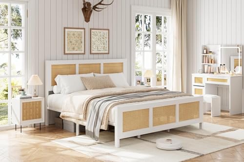 GarveeHome Rattan Full Size Bed Frame with Headboard, White | Boho Bed Frame with Strong Metal Slat, Noise Free, No Box Spring Needed - color: White/Natural, size: Full (No Drawers)