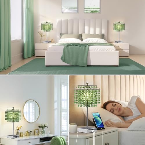 Luvkczc Crystal Table Lamp with Touch Control, Bedside Crystal Table Lamp with USB C+A Ports,Dimmable Lamp for Girls Bedroom, Living Room, Green & B11 LED Bulb Included - color: Green