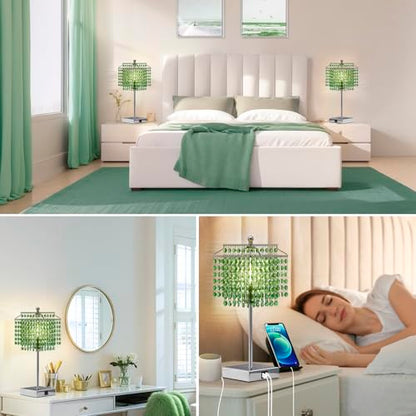 Luvkczc Crystal Table Lamp with Touch Control, Bedside Crystal Table Lamp with USB C+A Ports,Dimmable Lamp for Girls Bedroom, Living Room, Green & B11 LED Bulb Included - color: Green