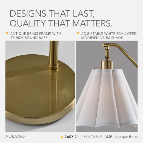 Adesso Table Lamp, Antique Brass & White, Adjustable Arm, 26” | Lyra 60W Table Lamp with Scalloped Fabric Shade, Rotary Switch, Bedroom, Living Room, or Home Office Accent Lighting