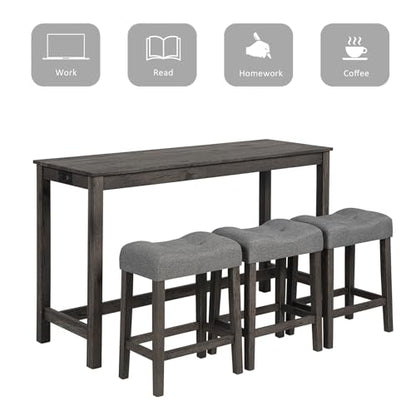 59" Counter Height Bar Table Set with Power Outlet, Industrial Breakfast Table with 3 Padded Stools, 4 Piece Bar Table and Chairs Set for Living Room, Dining Room, Dark Gray - color: R1-dark Gray