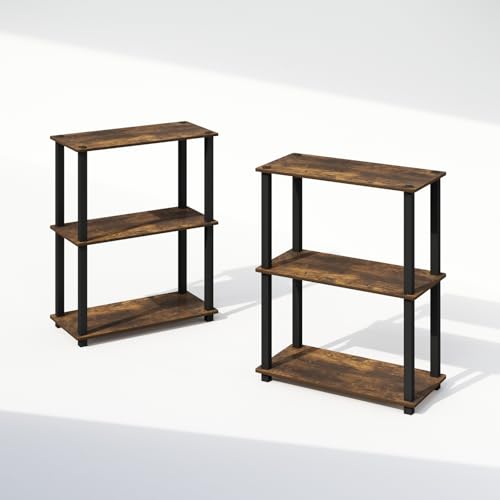 Furinno Turn-S-Tube Storage Shelves Set of 2, 3-Tier Book Shelf, Corner Shelf, Toolless Open Shelves, Square Tubes, for Organization and Storage, Living Room, Garage, Home Office, Amber Pine - color: Amber Pine/Black, size: 2-Pack, 3-Tier Square Tube