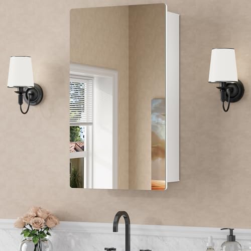 14 x 24 Inch Recessed Medicine Cabinet with Mirror for Bathroom, White | Wall Mounted Cabinet for Storage, Adjustable Glass Shelves, Soft-close DTC Hinges, HD Reflection, Pre-assembled, Aluminum - color: White, size: 14x24
