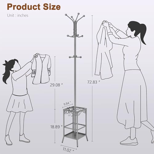 Hoctieon Coat Rack Freestanding, Coat Tree with Umbrella Holder | Metal Coat Rack Stand with 12 Hooks, Standing Coat Hanger Stand, Umbrella Stand for Entryway, Hat Rack Stand for Home Office - color: Gray