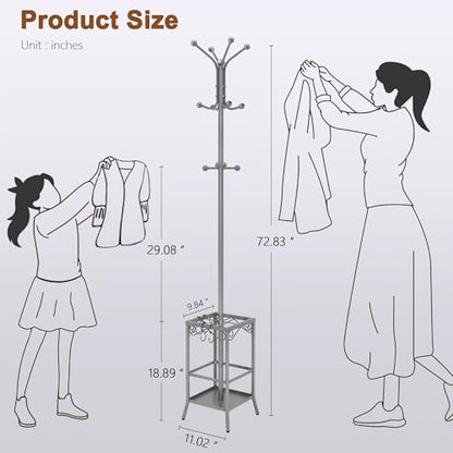 Hoctieon Coat Rack Freestanding, Coat Tree with Umbrella Holder | Metal Coat Rack Stand with 12 Hooks, Standing Coat Hanger Stand, Umbrella Stand for Entryway, Hat Rack Stand for Home Office - color: Gray
