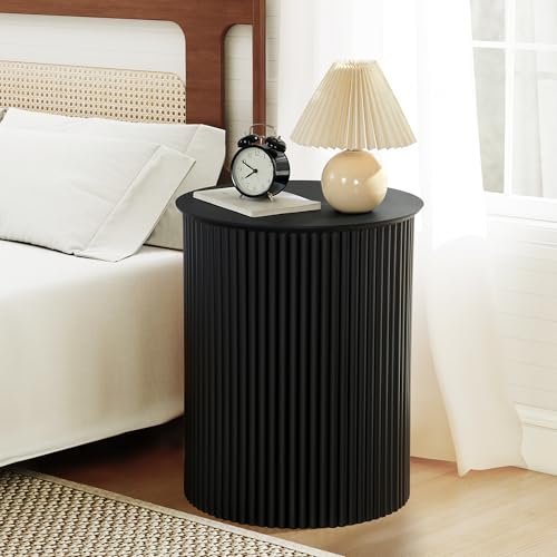 Round Fluted Side Table Set of 2, 17.7" Mid-Century Modern End Tables, Wooden Bedside Table Round Nightstand Small Circle Sofa Accent Table for Living Room, Bedroom Home(Black) - color: Black, size: 17.7"D x 17.7"W x 21.6"H