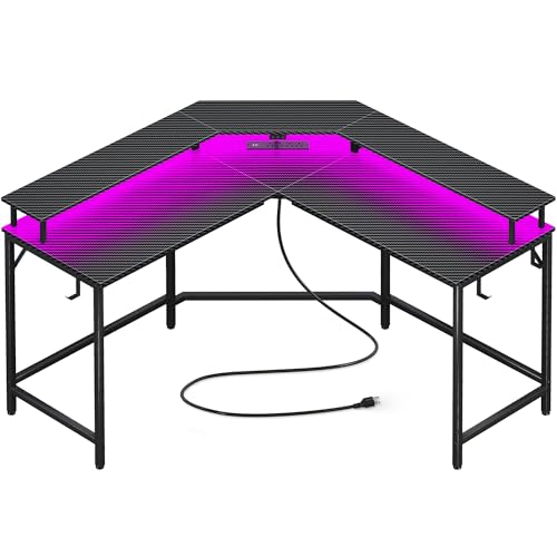 Huuger L Shaped Gaming Desk with Power Outlets & LED Lights, Computer Desk with Monitor Shelves, Carbon Fiber Surface, Home Office Desk, Corner Gaming Desk with Hooks, Carbon Fiber Black - color: Carbon Fiber Black