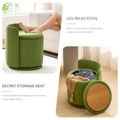 360° Swivel Makeup Chair with Storage, Upholstered Accent Stool with Back, Round Vanity Stool Ottoman for Living Room, Makeup Room, Bedroom (Green) - color: Green