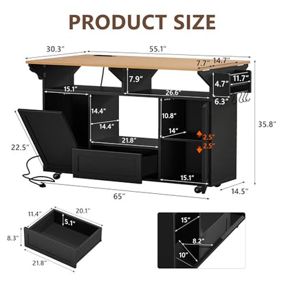 Einhomn 65" Kitchen Island with Drop Leaf, Mobile Island Table for Kitchen with Trash Can Storage, Black - style: Black