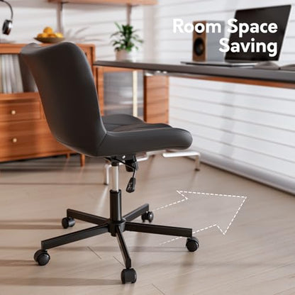 Armless Desk Chair, Morden Home Office Chair no Arms, Adjustable Height & Rocking Computer Chair, PU Leather Vanity Chair, Ergonomic Seat Soft Padded Desk Chairs for Home Small Space, Black - color: Black