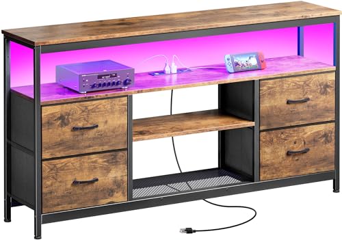 Huuger TV Stand Dresser with Power Outlets and LED Lights, 4 Drawers Entertainment Center with Shelves, 54 Inch Media Console for 55 60 Inch TV, 4 AC Outlets, 2 USBs, Rustic Brown - color: Rustic Brown, size: 54 Inches