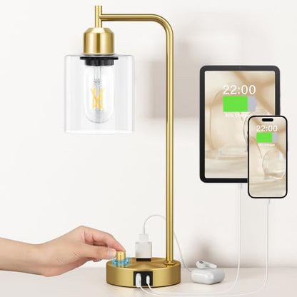 Innqoo Gold Table Lamp for Bedroom - Industrial Bedside Lamp with USB Port and Outlet, Fully Dimmable Nightstand Lamp with Clear Glass Shade, Small Desk Lamps for Home Office - color: Gold Base&Clear Shade