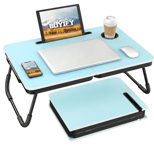 BUYIFY 23.4" Foldable Lap Desk Bed Table with Cup Holder Tray Blue | Portable Folds Flat for Easy Storage, No Assembly Laptop Bed Desk, Sturdy and Lightweight, Patent Design - color: Blue