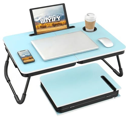 BUYIFY 23.4" Foldable Lap Desk Bed Table with Cup Holder Tray Blue | Portable Folds Flat for Easy Storage, No Assembly Laptop Bed Desk, Sturdy and Lightweight, Patent Design - color: Blue