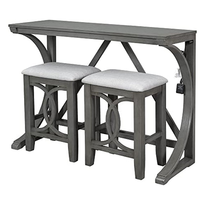 RuiSiSi 3 Piece Counter Height Dining Set, Farmhouse Kitchen Table Set with USB Port and 2 Upholstered Stools, Breakfast Nook Set for Kitchen, Dining Room, Living Room, Grey - color: Grey