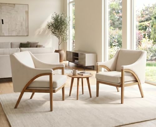 EALSON Modern Accent Chairs Set of 2 Comfy Living Room Chairs with Wooden Frame and Armrest Mid Century Upholstered Fabric Reading Lounge Armchairs for Living Room/Bedroom/Balcony, Chenille White - color: White, size: Set of 2