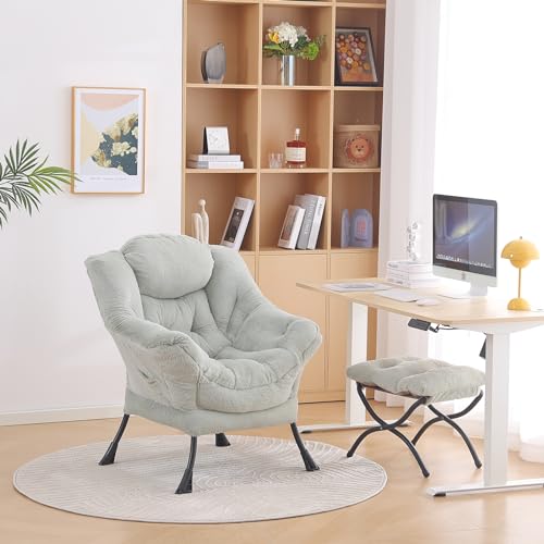 Lazy Chair with Ottoman, Comfy Accent Reading Chair, Plush Green | Foldable Footrest,Removable Cover,with Armrests and Side Pockets,Upholstered Lounge Chair for Bedroom,Dorm,Office,Small Space - color: Plush Green