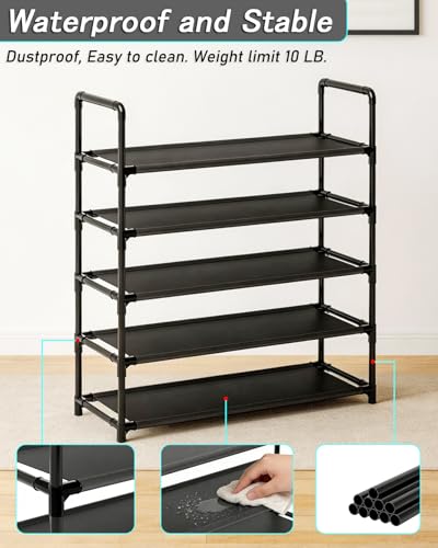 5 Tier Tall Shoe Rack Large Capacity, 34.5" Wide Entryway Shoe Organizer, Stackable Metal Frame Waterproof Nonwoven Shelves, Holds 20-25 Pairs, Space Saving Storage for Closet Hallway Garage, Black - size: 5-Tier(34.5"W)