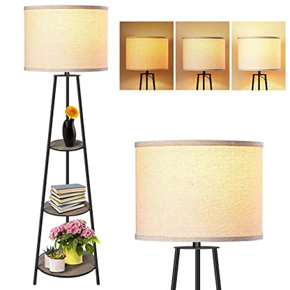 RISLG Floor Lamp, 3-Tier Round Corner Shelf Floor Lamp with 3 Dimmable Levels - Simple Standing Lamp with White Fabric Shade, Tall Modern Floor Lamps with Shelves for Bedroom, Living Room and Office