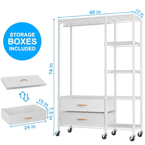 F3R Heavy Duty Clothes Rack（With Lockable Wheels）Freestanding Clothing Racks for Hanging Clothes，Adjustable Closet Organizer System，Portable Garment Rack 40"W x 15"D x 74"H，Max Load 700LBS，White - color: White, style: Rolling