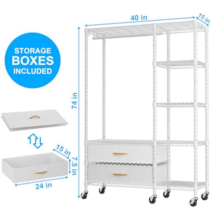 F3R Heavy Duty Clothes Rack（With Lockable Wheels）Freestanding Clothing Racks for Hanging Clothes，Adjustable Closet Organizer System，Portable Garment Rack 40"W x 15"D x 74"H，Max Load 700LBS，White - color: White, style: Rolling