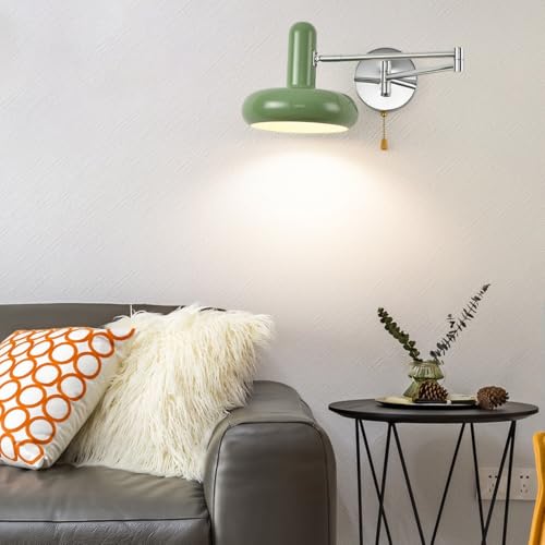 Wrought Iron Swing Arm Wall Sconce Mid Century Modern Wall Light with Pull Chain Switch 180 Degree Adjustable Bedside Reading Lamp for Bedroom Study E26 Base(White) - color: White