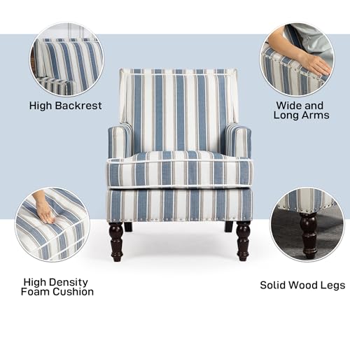 Accent Chair, Comfy Cozy Modern Mid-Century Accent Chairs | Linen Upholstered Lounge Arm chair with Solid Wood Reading Side Padded Single for Living Room/Balcony/Bedroom-Blue Stripe - color: Sackcloth-blue Stripe(s001)