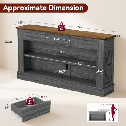 Miereirl 63" Console Table with Drawers & LED Light, Brown & Dark Grey | Narrow Entryway Sofa Table, 3 Storage Drawers & Open Shelves, Behind Couch, Living Room Hallway Foyer - color: Rustic Brown&dark Grey