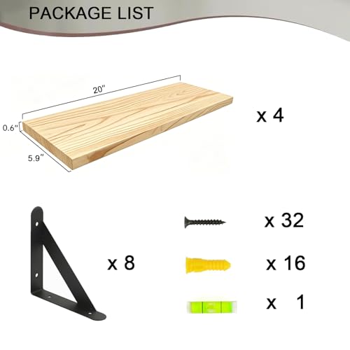 Solid Wood Floating Shelves for Wall, 20 L x 5.9 W x 0.6T inches Kont-Free Solid Pine Shelves for Living Room, Bathroom, Bedroom, Kitchen, Home Decor Hardware Includes (Set of 4)