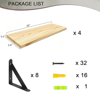 Solid Wood Floating Shelves for Wall, 20 L x 5.9 W x 0.6T inches Kont-Free Solid Pine Shelves for Living Room, Bathroom, Bedroom, Kitchen, Home Decor Hardware Includes (Set of 4)