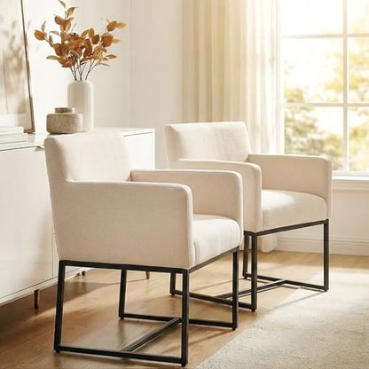 Linen Upholstered Dining Chairs with Arms Set of 2, Mid Century Modern Padded Kitchen Chairs with Black Metal Frame for Restaurant, Dining Room, Cream - color: Cream