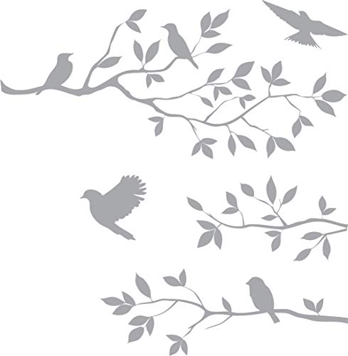 Picniva Silver 15'' X 44'' Burnish Birds & Blossoms Vinyl Wall Decal Art Décor - color: Silver, size: 15'' X 44''